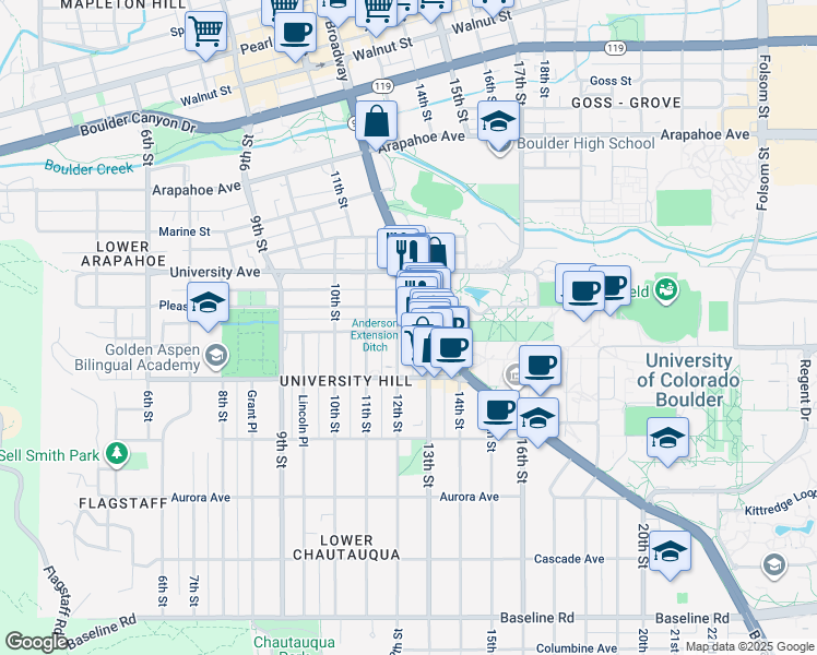 map of restaurants, bars, coffee shops, grocery stores, and more near 1155 Pleasant Street in Boulder