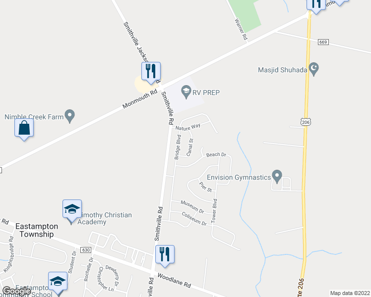 map of restaurants, bars, coffee shops, grocery stores, and more near 1030 Smithville Road in Eastampton Township