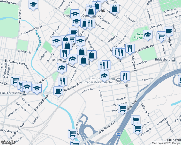 map of restaurants, bars, coffee shops, grocery stores, and more near 4321 Tackawanna Street in Philadelphia