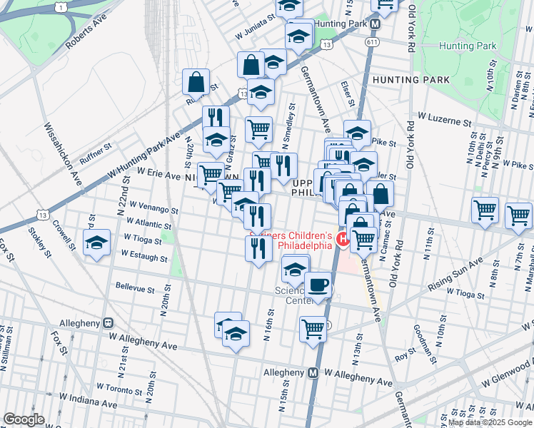 map of restaurants, bars, coffee shops, grocery stores, and more near 1637 Victoria Street in Philadelphia