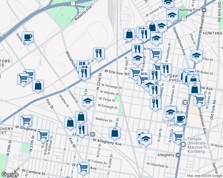 map of restaurants, bars, coffee shops, grocery stores, and more near 2023 West Venango Street in Philadelphia