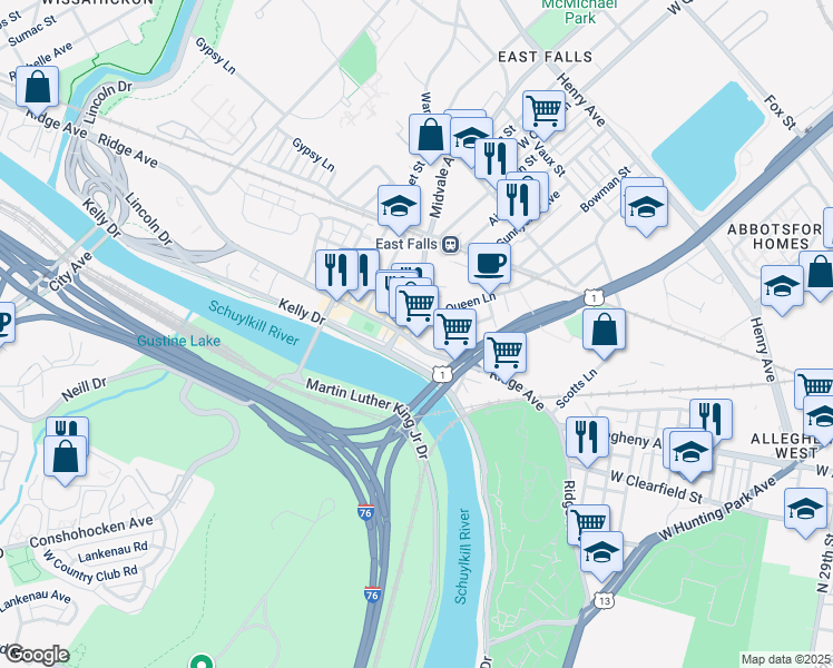 map of restaurants, bars, coffee shops, grocery stores, and more near in Philadelphia