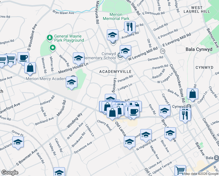 map of restaurants, bars, coffee shops, grocery stores, and more near 434 Levering Mill Road in Merion Station