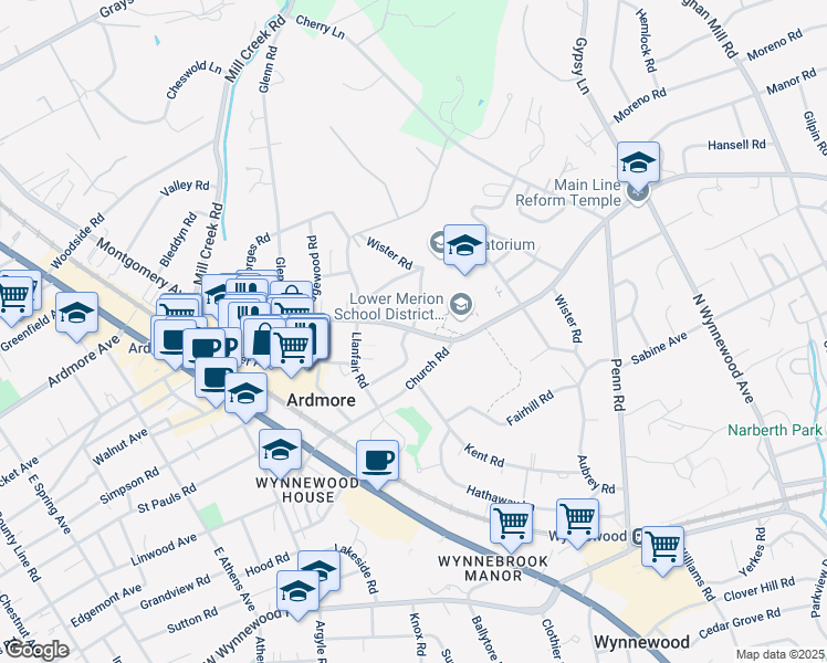 map of restaurants, bars, coffee shops, grocery stores, and more near 108 School House Lane in Ardmore
