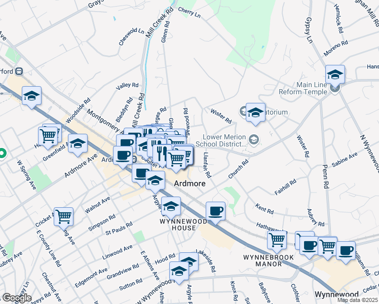 map of restaurants, bars, coffee shops, grocery stores, and more near 119 East Montgomery Avenue in Ardmore