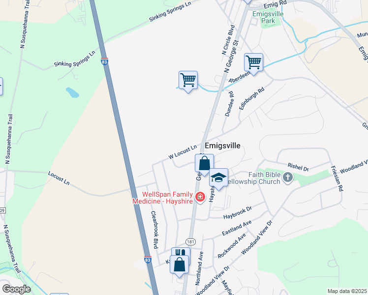 map of restaurants, bars, coffee shops, grocery stores, and more near 35 West Locust Lane in York