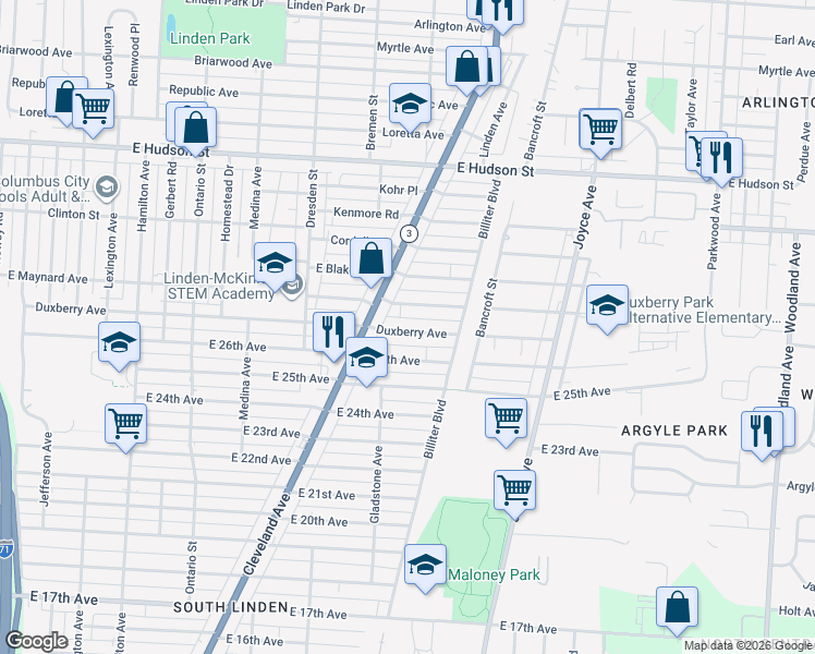 map of restaurants, bars, coffee shops, grocery stores, and more near 1536 East Maynard Avenue in Columbus