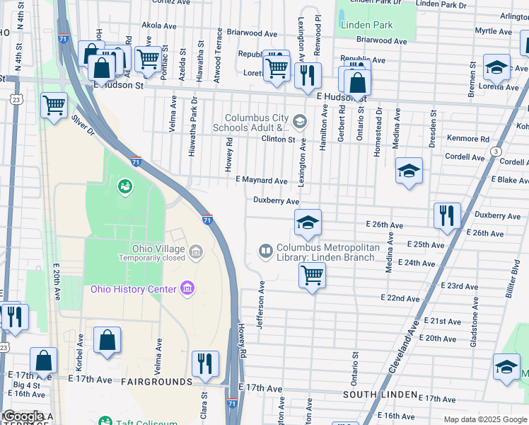 map of restaurants, bars, coffee shops, grocery stores, and more near 982 Duxberry Avenue in Columbus