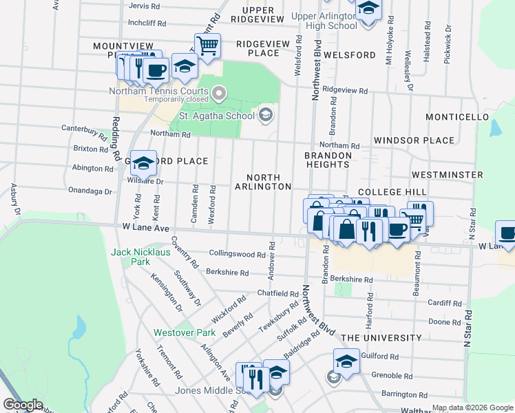 map of restaurants, bars, coffee shops, grocery stores, and more near in Upper Arlington