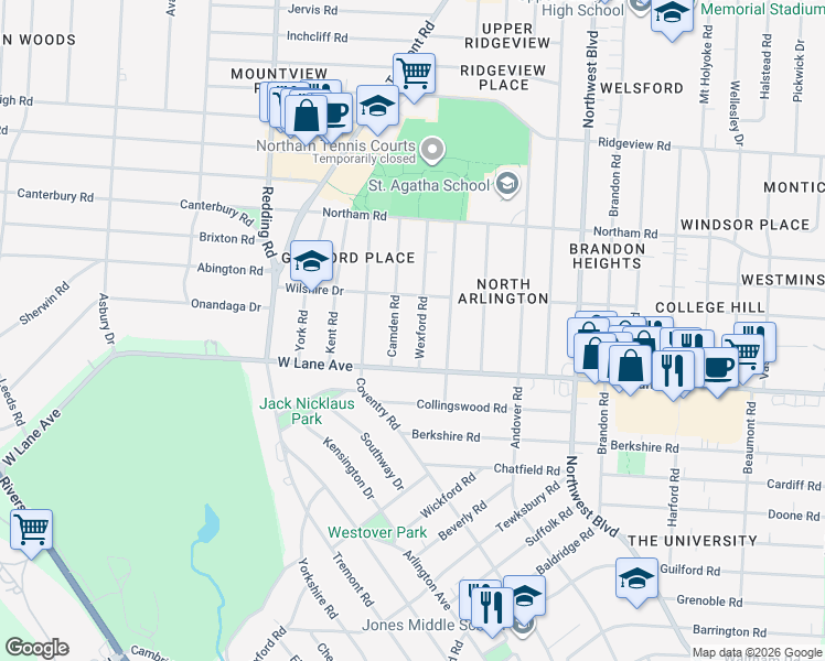 map of restaurants, bars, coffee shops, grocery stores, and more near 2626 Wexford Road in Columbus