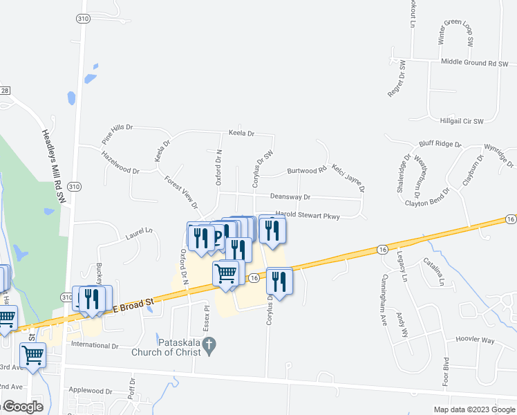 map of restaurants, bars, coffee shops, grocery stores, and more near 1301 Harold Stewart Parkway in Pataskala