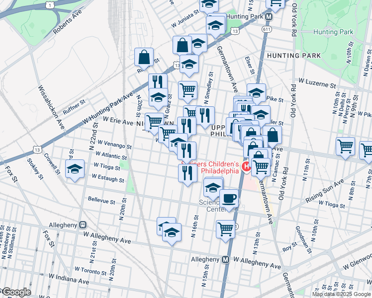 map of restaurants, bars, coffee shops, grocery stores, and more near 3618 North 17th Street in Philadelphia