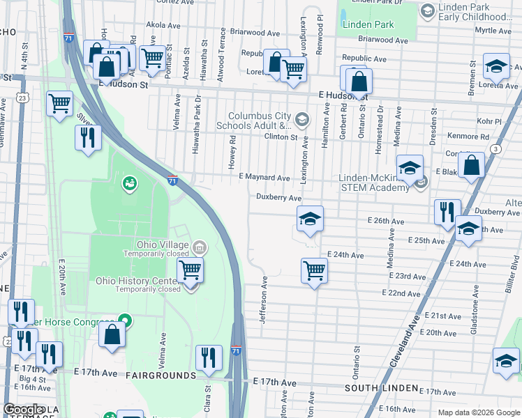 map of restaurants, bars, coffee shops, grocery stores, and more near 982 Duxberry Avenue in Columbus