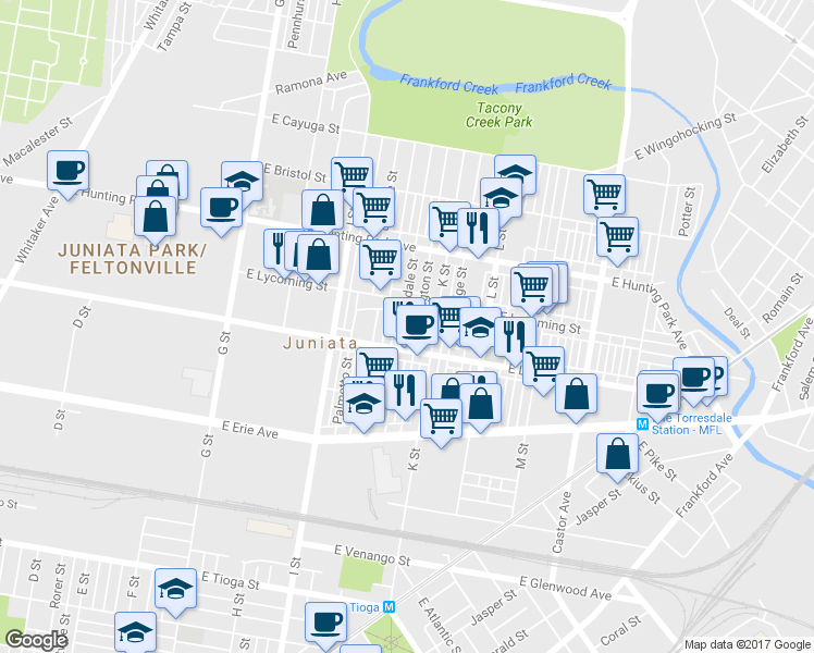 map of restaurants, bars, coffee shops, grocery stores, and more near 4025 Lawndale Street in Philadelphia