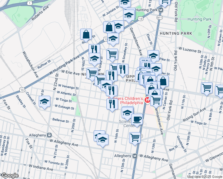 map of restaurants, bars, coffee shops, grocery stores, and more near 3620 North 17th Street in Philadelphia