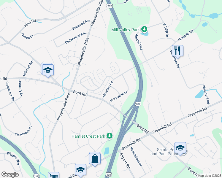 map of restaurants, bars, coffee shops, grocery stores, and more near 1308 Morstein Road in West Chester