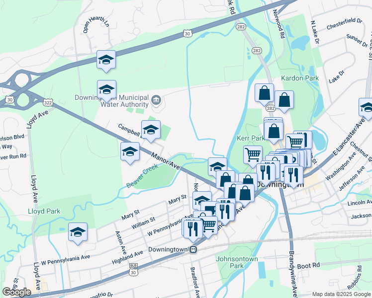 map of restaurants, bars, coffee shops, grocery stores, and more near 194 Race Street in Downingtown