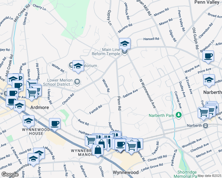 map of restaurants, bars, coffee shops, grocery stores, and more near 386 Penn Road in Wynnewood