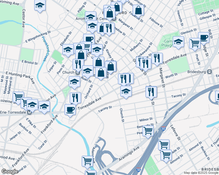 map of restaurants, bars, coffee shops, grocery stores, and more near 1930 Church Street in Philadelphia