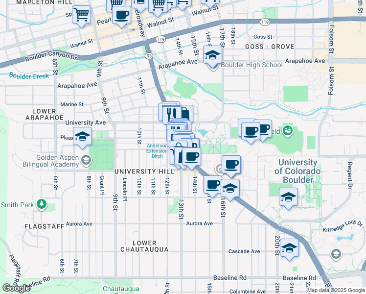 map of restaurants, bars, coffee shops, grocery stores, and more near in Boulder