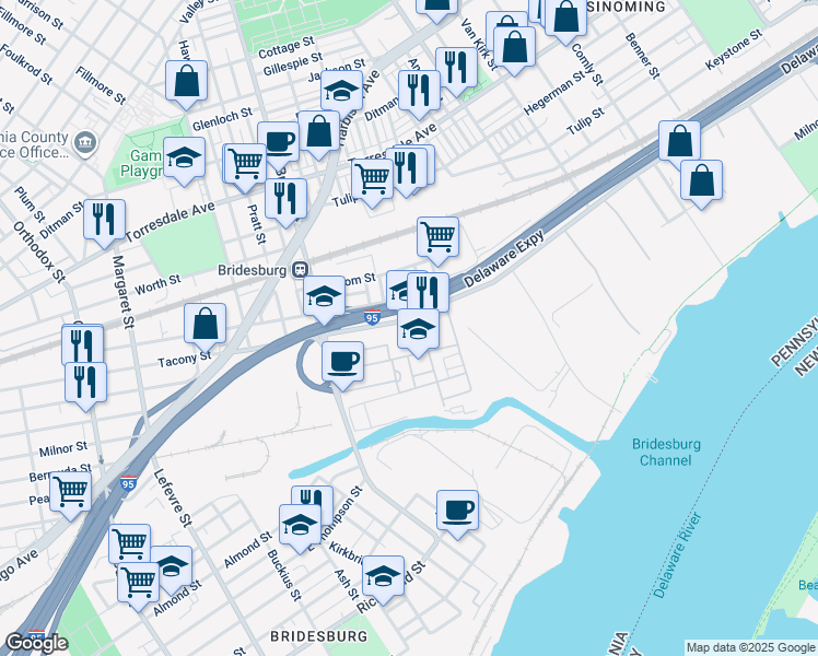 map of restaurants, bars, coffee shops, grocery stores, and more near 5410 James Street in Philadelphia