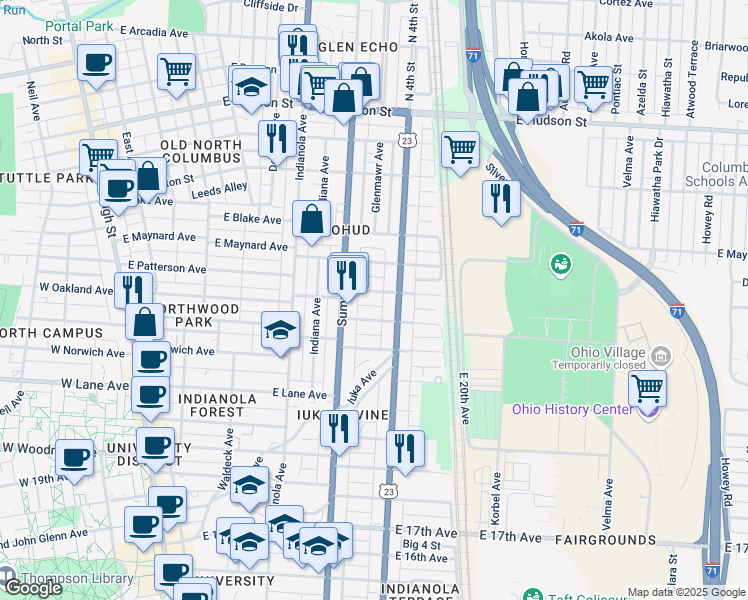 map of restaurants, bars, coffee shops, grocery stores, and more near 382 East Oakland Avenue in Columbus