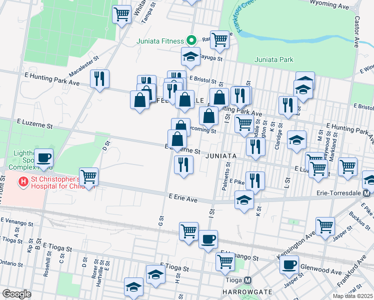 map of restaurants, bars, coffee shops, grocery stores, and more near 845 E Luzerne St in Philadelphia