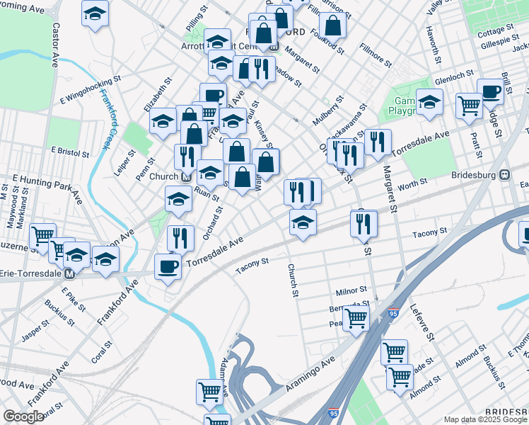 map of restaurants, bars, coffee shops, grocery stores, and more near 1930 Church Street in Philadelphia