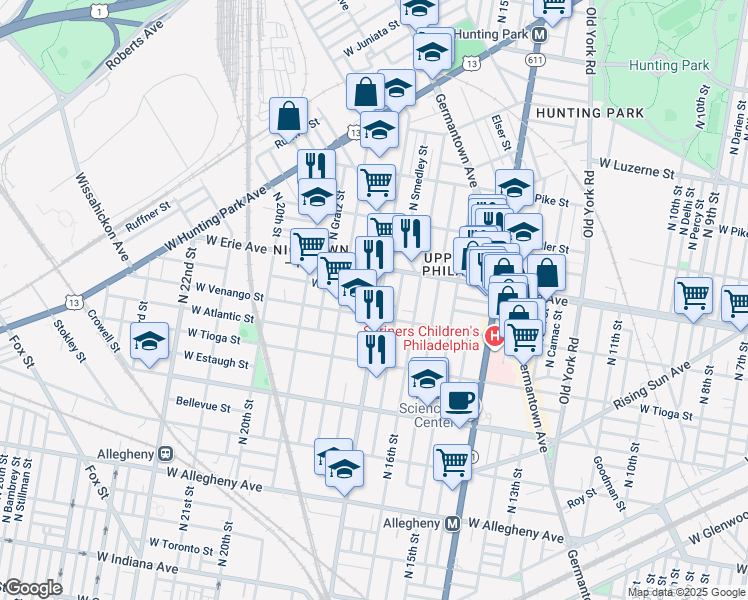 map of restaurants, bars, coffee shops, grocery stores, and more near 3622 North 17th Street in Philadelphia