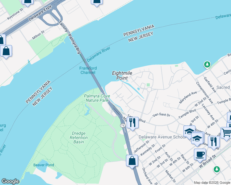 map of restaurants, bars, coffee shops, grocery stores, and more near Riverfront Drive in Palmyra
