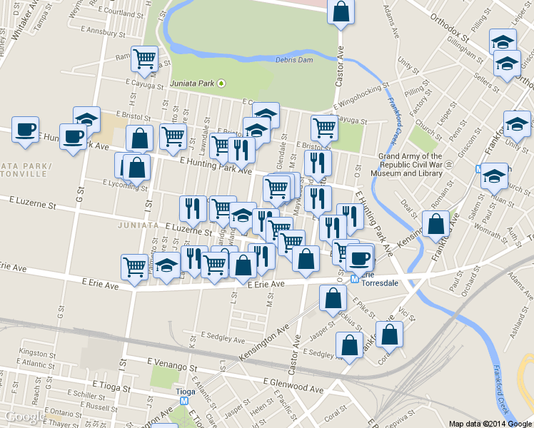 map of restaurants, bars, coffee shops, grocery stores, and more near 1328 East Lycoming Street in Philadelphia