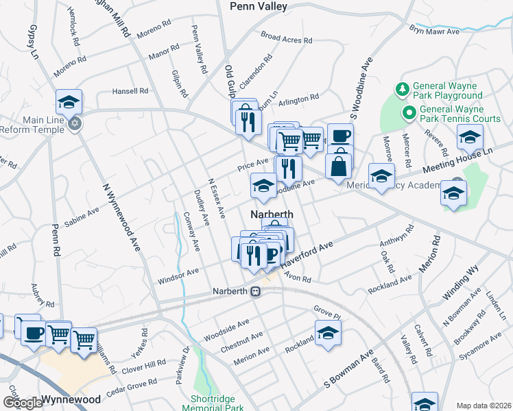 map of restaurants, bars, coffee shops, grocery stores, and more near 230 North Narberth Avenue in Narberth