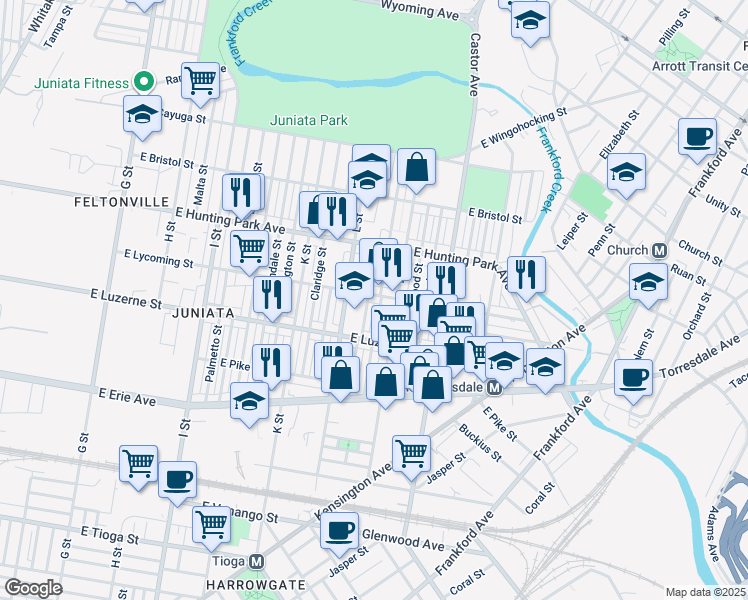 map of restaurants, bars, coffee shops, grocery stores, and more near 1330 East Lycoming Street in Philadelphia