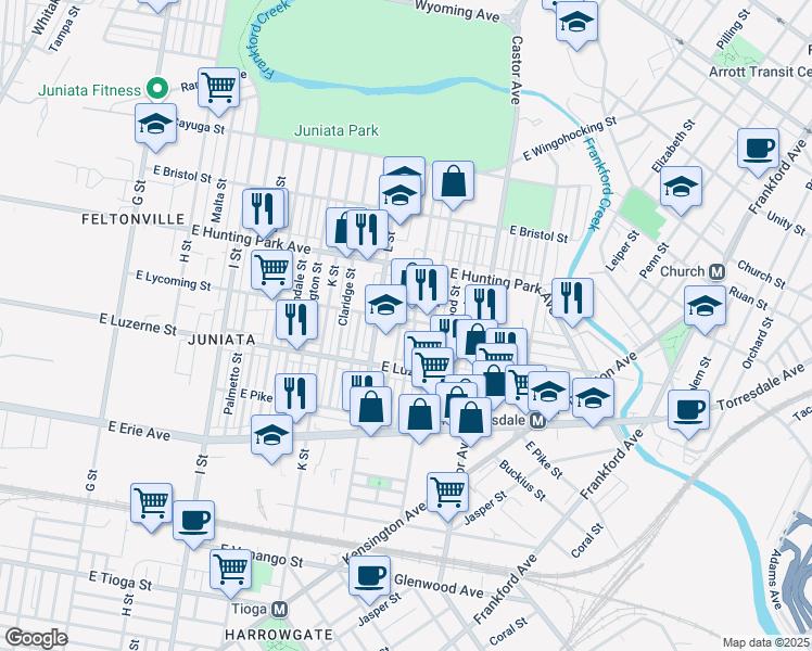 map of restaurants, bars, coffee shops, grocery stores, and more near 1328 East Lycoming Street in Philadelphia