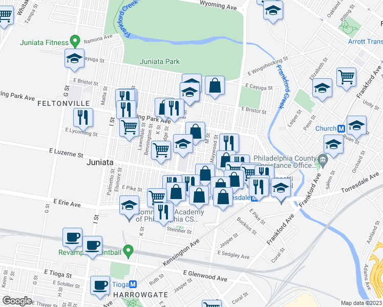 map of restaurants, bars, coffee shops, grocery stores, and more near 1324 East Lycoming Street in Philadelphia
