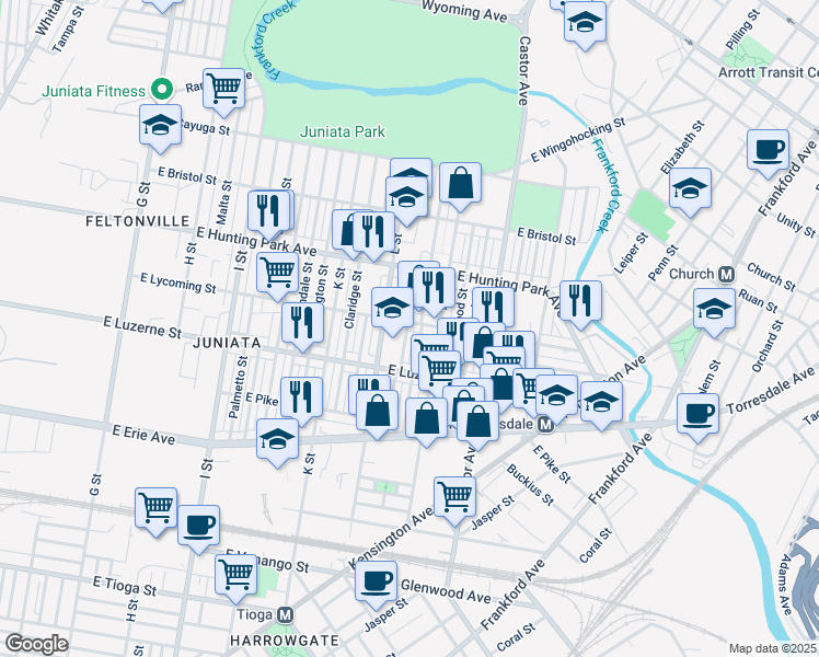 map of restaurants, bars, coffee shops, grocery stores, and more near 1324 East Lycoming Street in Philadelphia