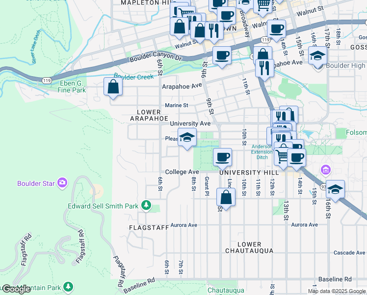 map of restaurants, bars, coffee shops, grocery stores, and more near 755 Pleasant Street in Boulder