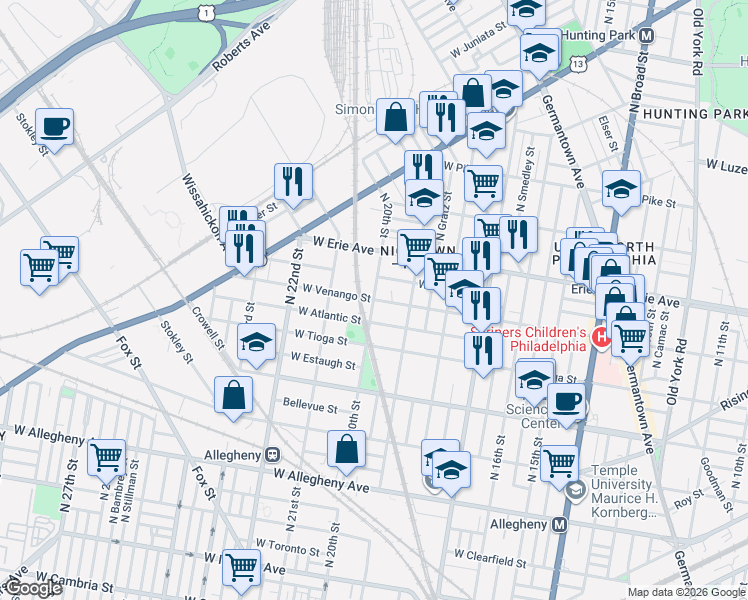map of restaurants, bars, coffee shops, grocery stores, and more near N 20th St & W Venango St in Philadelphia