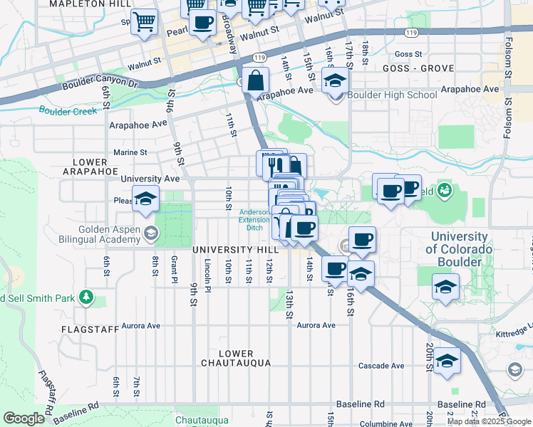 map of restaurants, bars, coffee shops, grocery stores, and more near 1155 Pleasant Street in Boulder