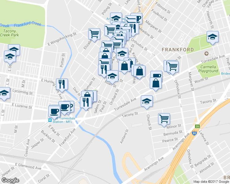 map of restaurants, bars, coffee shops, grocery stores, and more near 4244 Orchard Street in Philadelphia