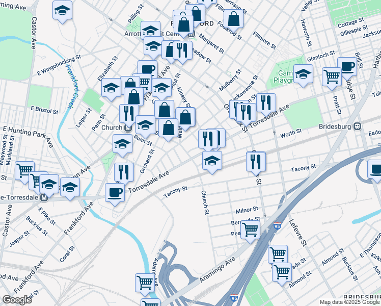map of restaurants, bars, coffee shops, grocery stores, and more near 4321 Tackawanna Street in Philadelphia