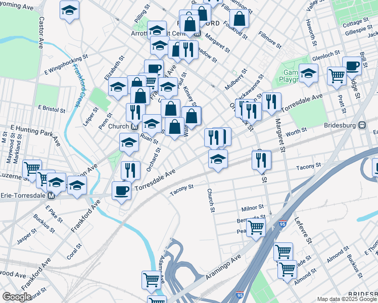map of restaurants, bars, coffee shops, grocery stores, and more near 1926 Church Street in Philadelphia