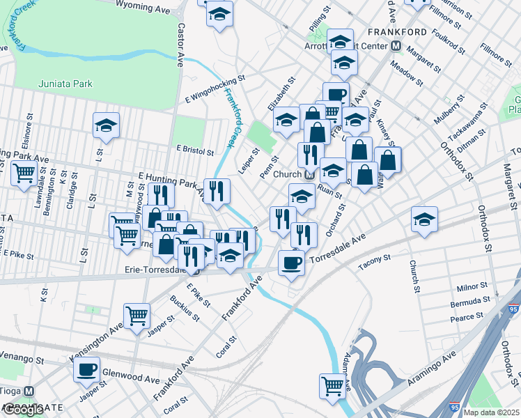 map of restaurants, bars, coffee shops, grocery stores, and more near 1530 Adams Avenue in Philadelphia