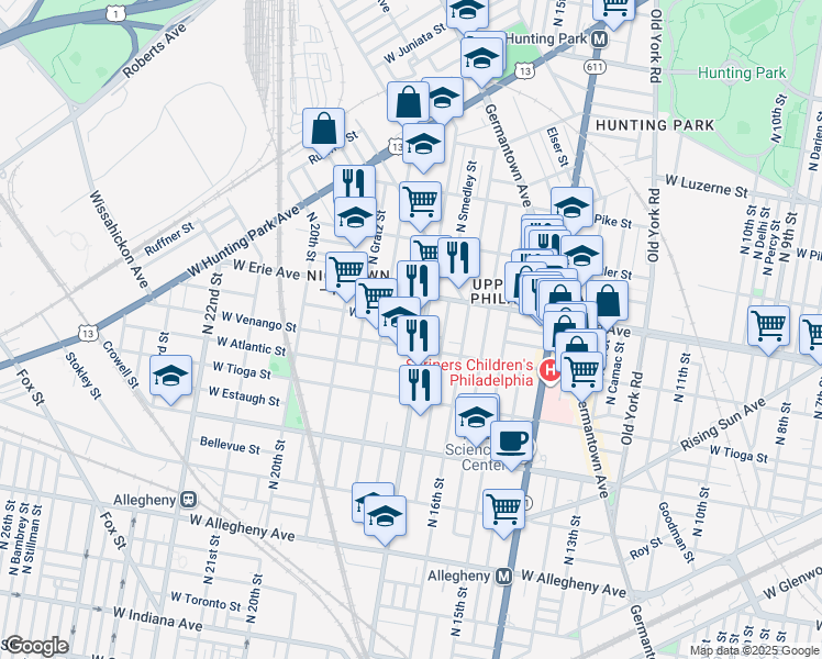 map of restaurants, bars, coffee shops, grocery stores, and more near 3625 North Bouvier Street in Philadelphia