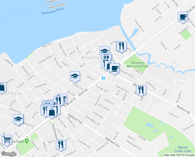 map of restaurants, bars, coffee shops, grocery stores, and more near 204 Broad Street in Riverton