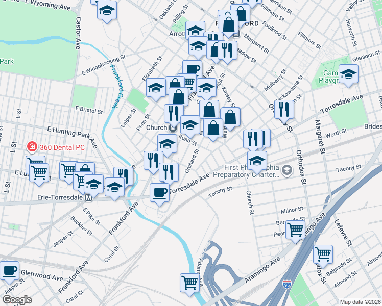map of restaurants, bars, coffee shops, grocery stores, and more near 4274 Orchard Street in Philadelphia