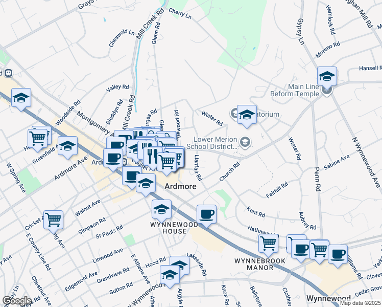 map of restaurants, bars, coffee shops, grocery stores, and more near 160 East Montgomery Avenue in Ardmore