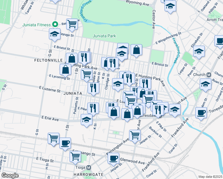 map of restaurants, bars, coffee shops, grocery stores, and more near 4103 Claridge Street in Philadelphia