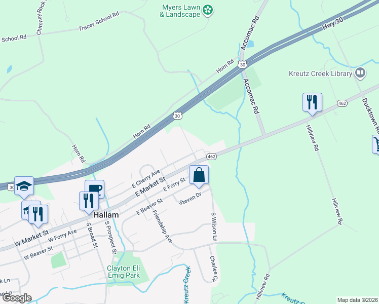 map of restaurants, bars, coffee shops, grocery stores, and more near 44 North Wilson Lane in Hallam