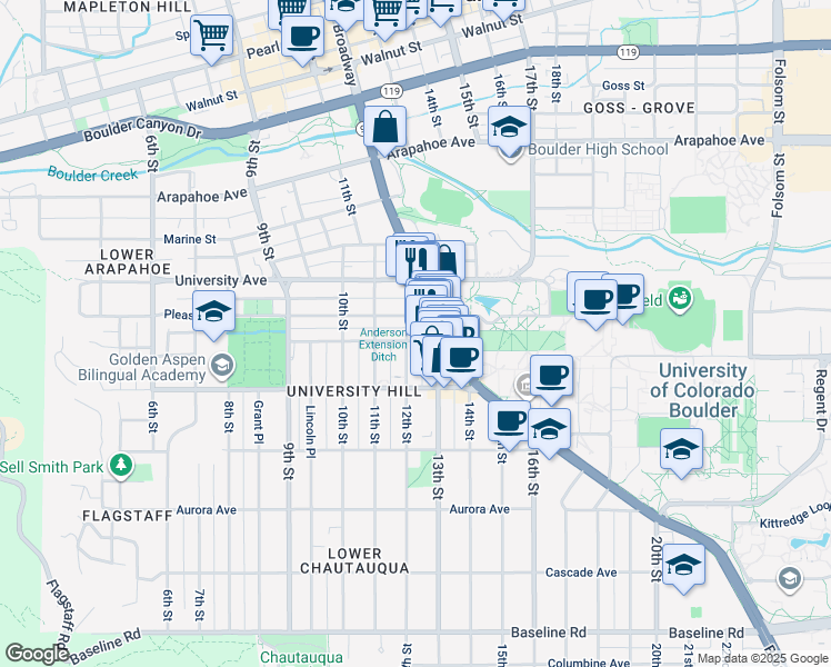 map of restaurants, bars, coffee shops, grocery stores, and more near 1155 Pleasant Street in Boulder